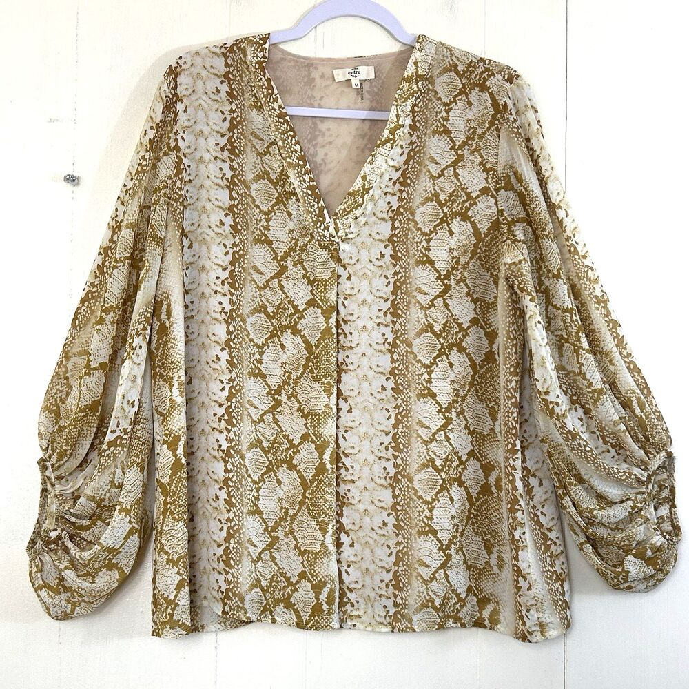 Entro Womens Sz M  Yellow Snakeskin Blouse V-Neck Balloon Sleeve Top Size Medium
